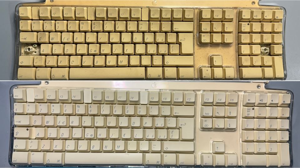 Retrobright, confronto tra la tastiera Apple prima e dopo il trattamento